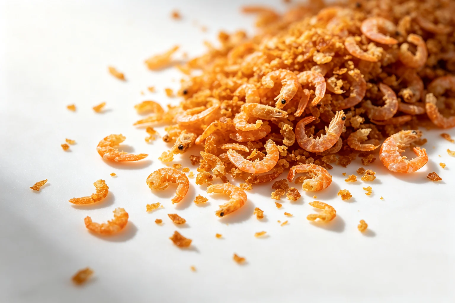 Toasted dried shrimp showing deep golden-orange colour and dry curled texture on white surface
