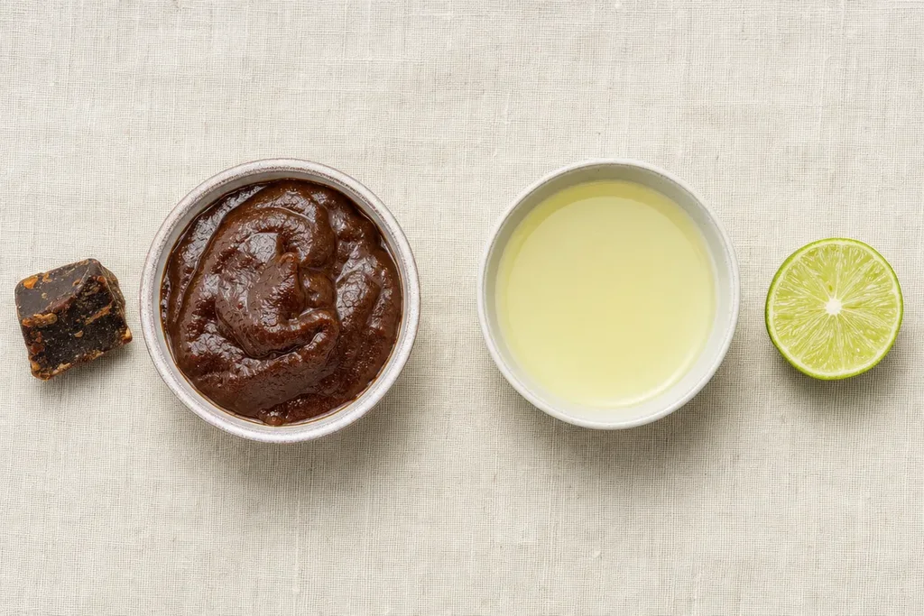 Tamarind paste and block on the left versus fresh lime juice and halved lime on the right — showing two souring agents side by side on linen surface