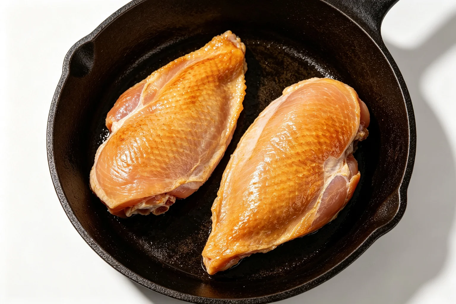  Two chicken thighs skin-side up in a cast iron skillet with even warm amber kitsune-iro fox colour across the entire rendered skin surface before basting