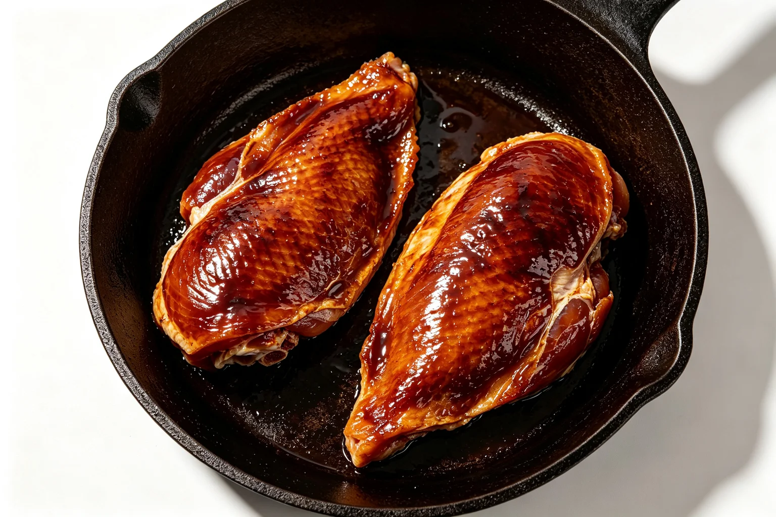 Two chicken thighs in a cast iron skillet with deeply lacquered dark amber teriyaki glaze coating the skin, glossy sauce pooling around the chicken