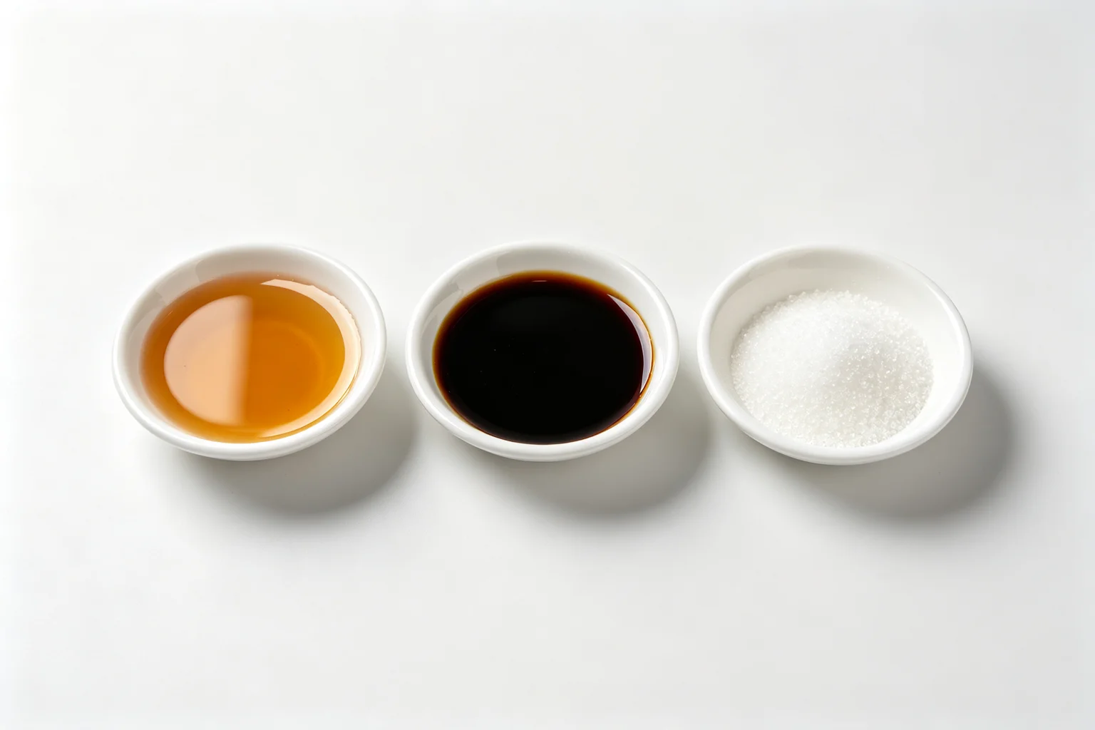 Three white ceramic dishes in a row holding fish sauce, oyster sauce, and white sugar — the core seasonings for Thai fried rice Khao Pad