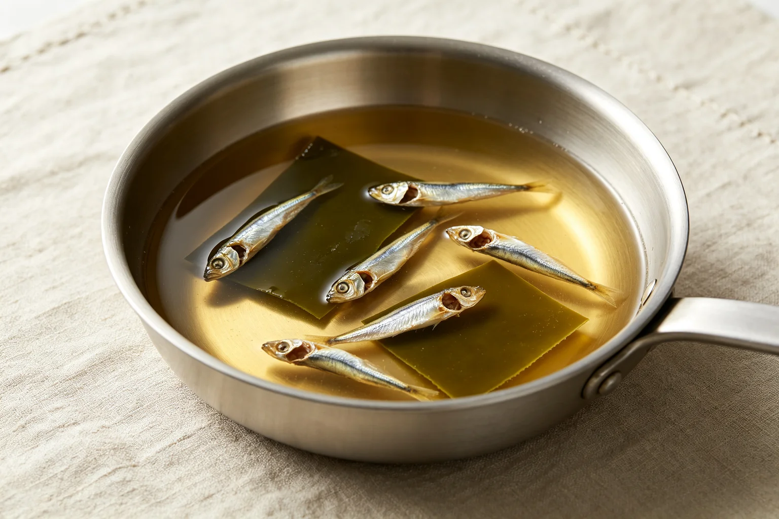 Pale golden anchovy broth simmering in a saucepan with headless  dried anchovies and dark green kelp dashima visible in the liquid