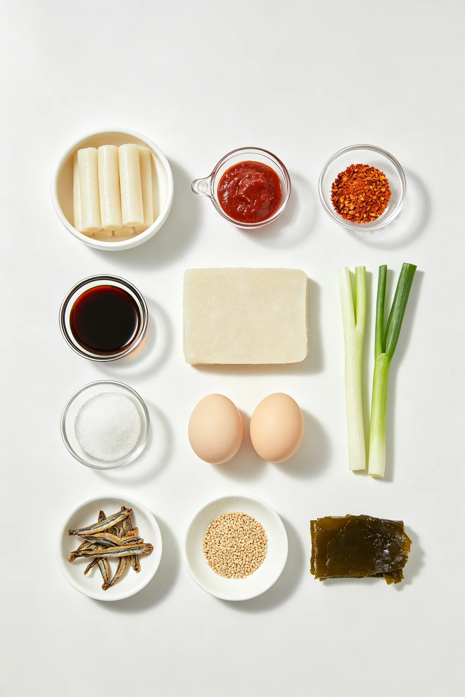 Tteokbokki ingredients flat lay showing rice cakes, gochujang,  gochugaru, soy sauce, fish cake, spring onions, eggs, dried anchovies  and kelp on white surface