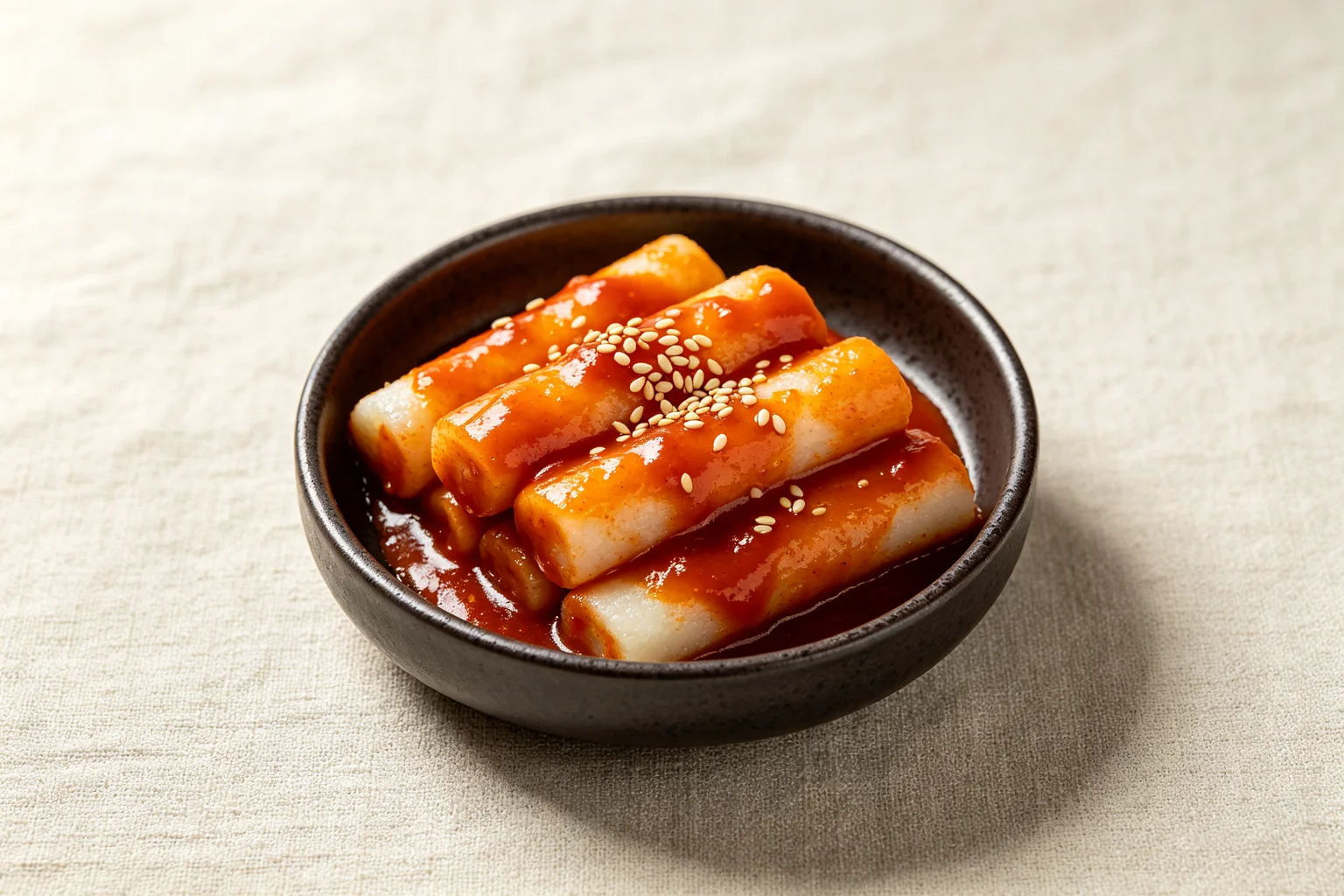 Close-up of cylindrical tteokbokki rice cakes with glossy  gochujang sauce coating and one cut piece showing white interior