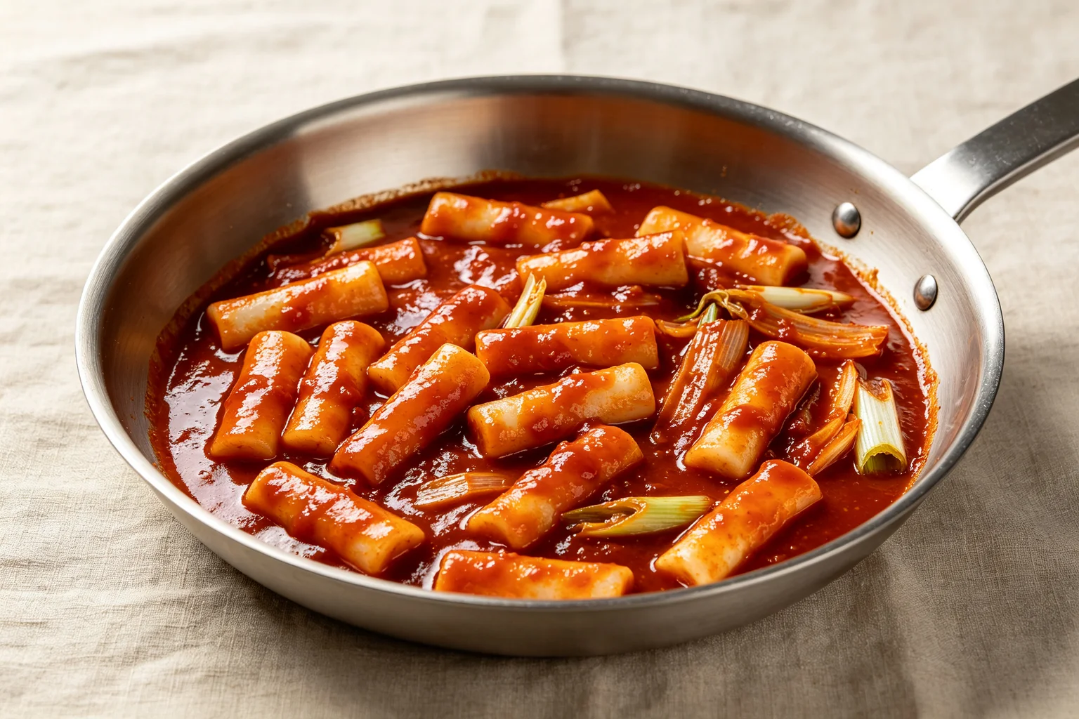 Tteokbokki rice cakes and fish cake simmering in thick glossy  red-orange gochujang sauce in a wide pan