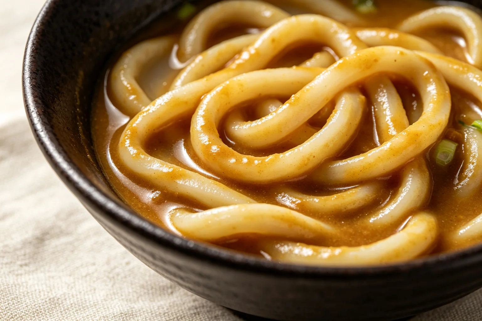 Thick chewy udon noodles coated in rich golden-brown Japanese curry broth in a dark ceramic bowl on linen surface showing the noodle and broth texture