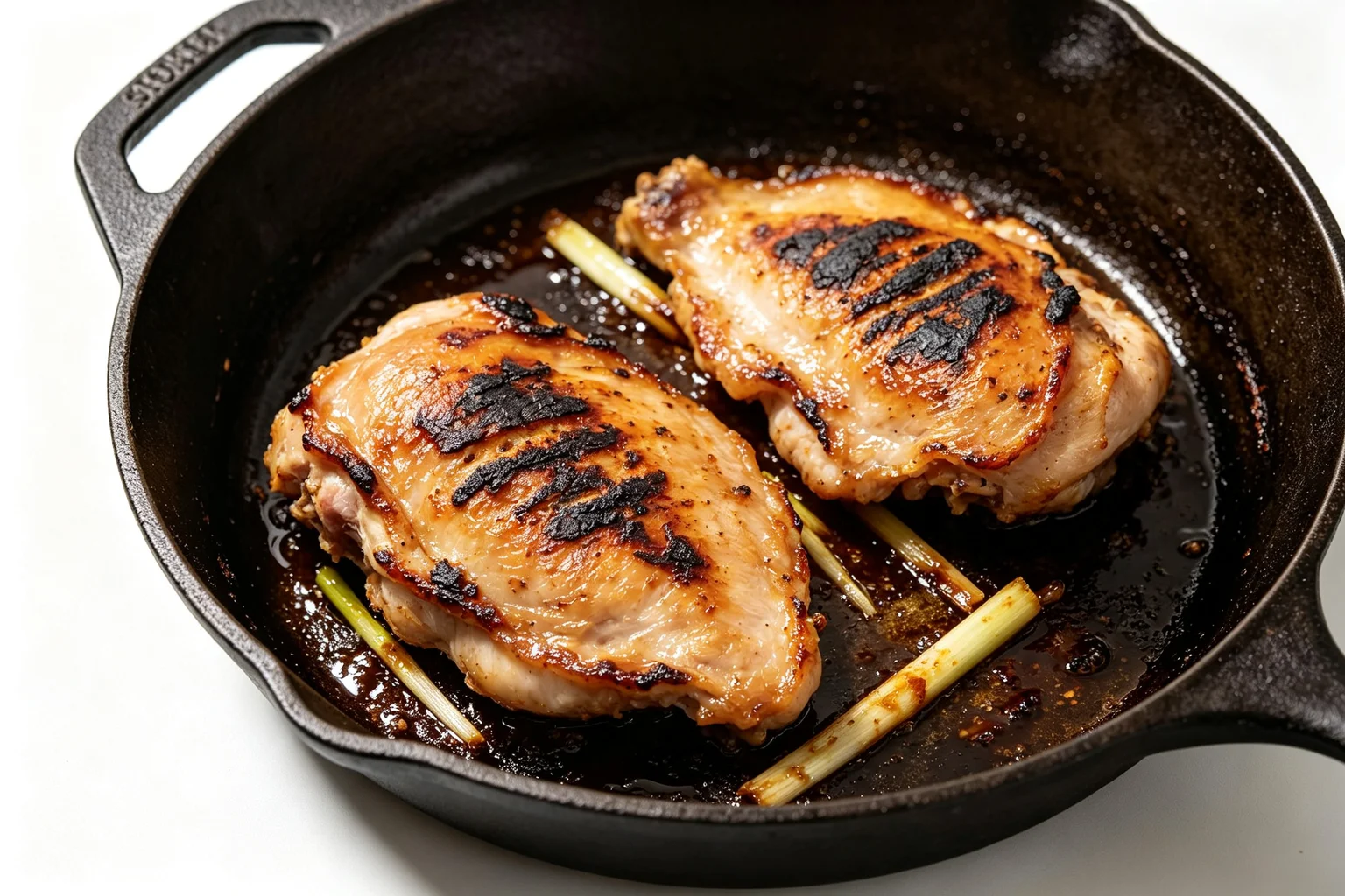 Two lemongrass chicken thighs with deeply charred caramelised skin in a cast iron skillet with lemongrass stalks and caramelised marinade