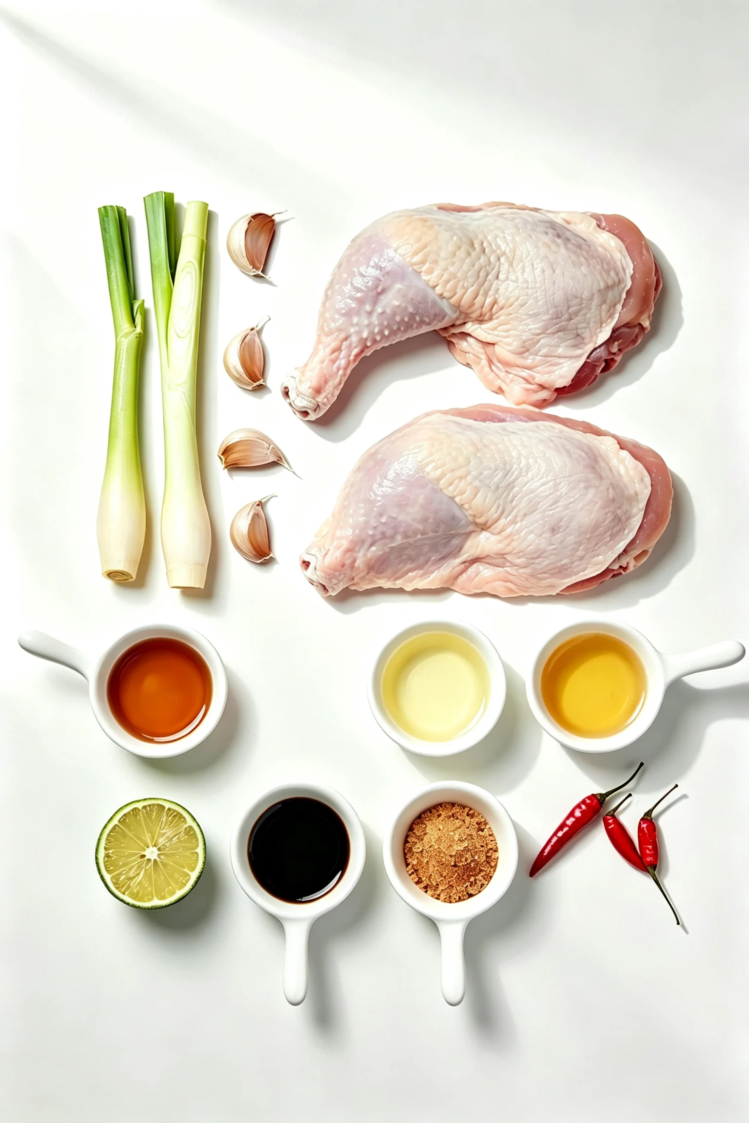 Overhead flat lay of Vietnamese lemongrass chicken ingredients on white surface including bone-in skin-on chicken pieces, lemongrass stalks, garlic, fish sauce, soy sauce, neutral oil, brown sugar, lime and chillies