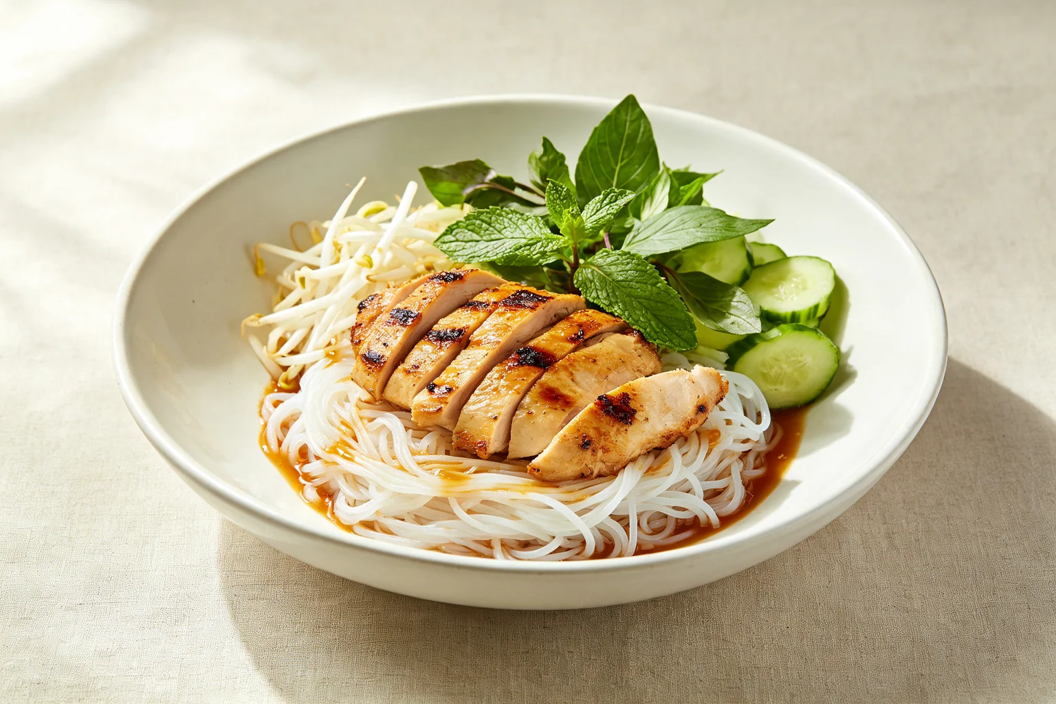 Vietnamese lemongrass chicken vermicelli bowl with sliced charred chicken over rice noodles, fresh mint, Thai basil, bean sprouts, cucumber and nuoc cham in a white ceramic bowl on a linen surface