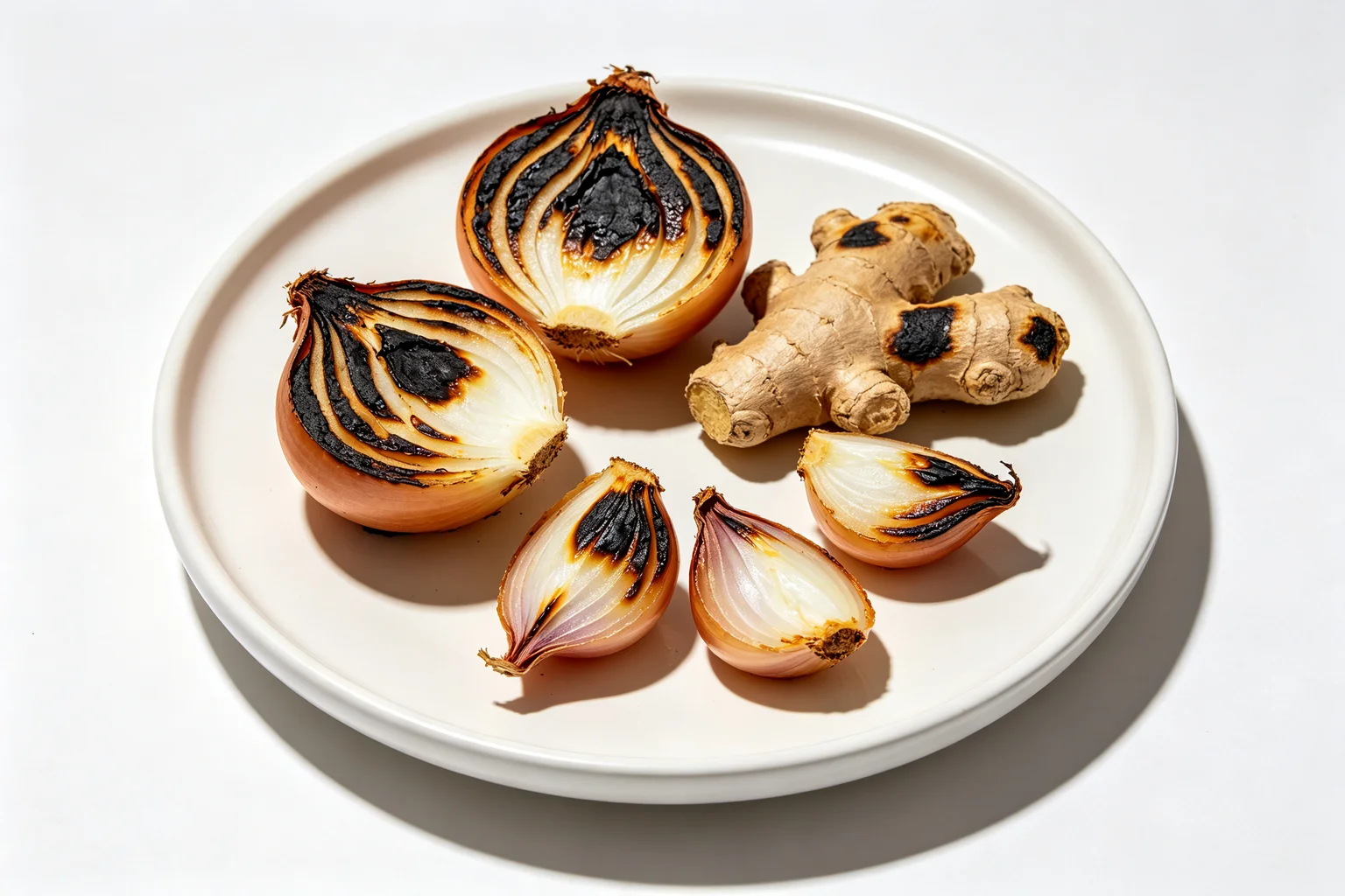 Charred onion halves shallots and ginger with deeply blackened blistered cut surfaces on a white ceramic plate on white surface
