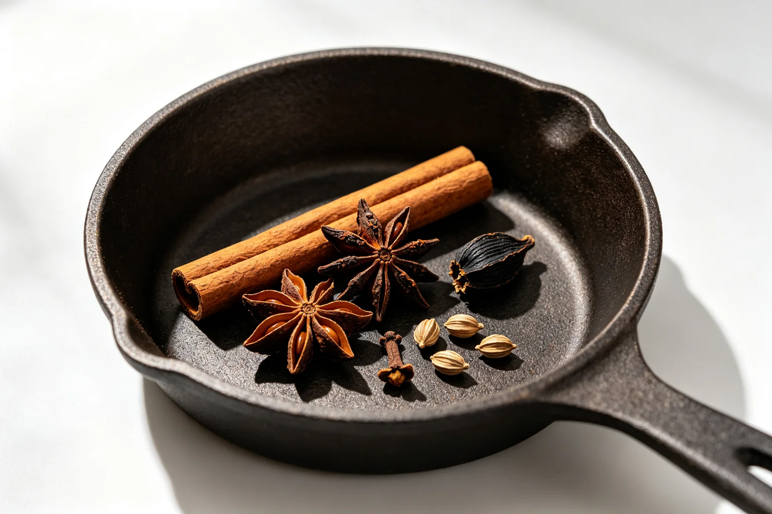  Freshly toasted whole pho spices in a dry cast iron pan including star anise cinnamon sticks black cardamom pod clove and coriander seeds on white surface