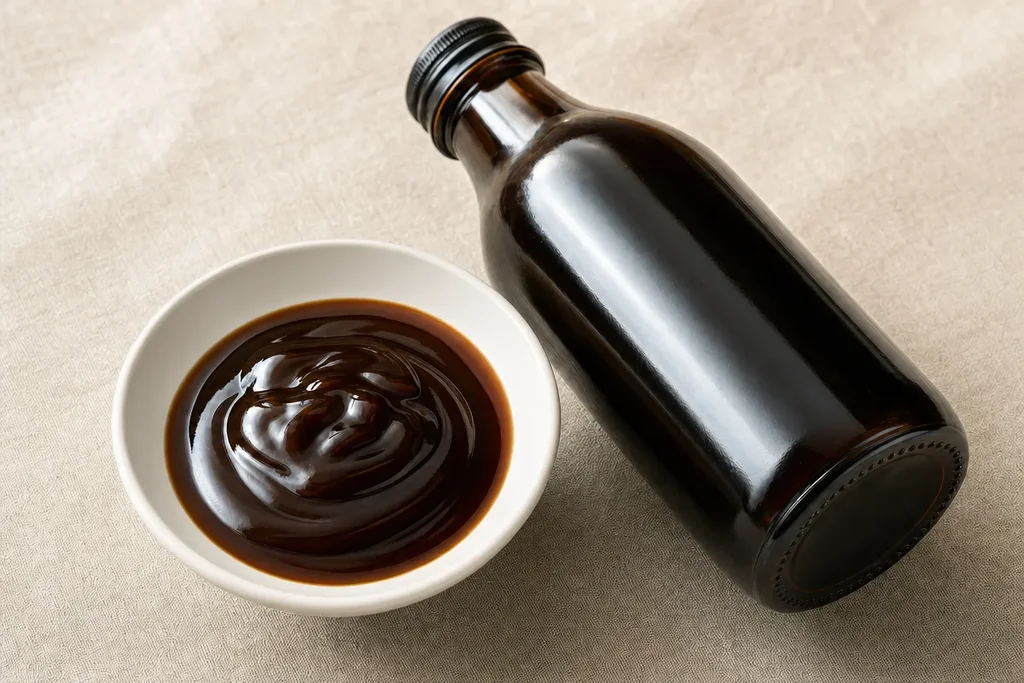 Dark glass bottle of oyster sauce next to a small ceramic bowl showing thick glossy dark brown oyster sauce on linen surface