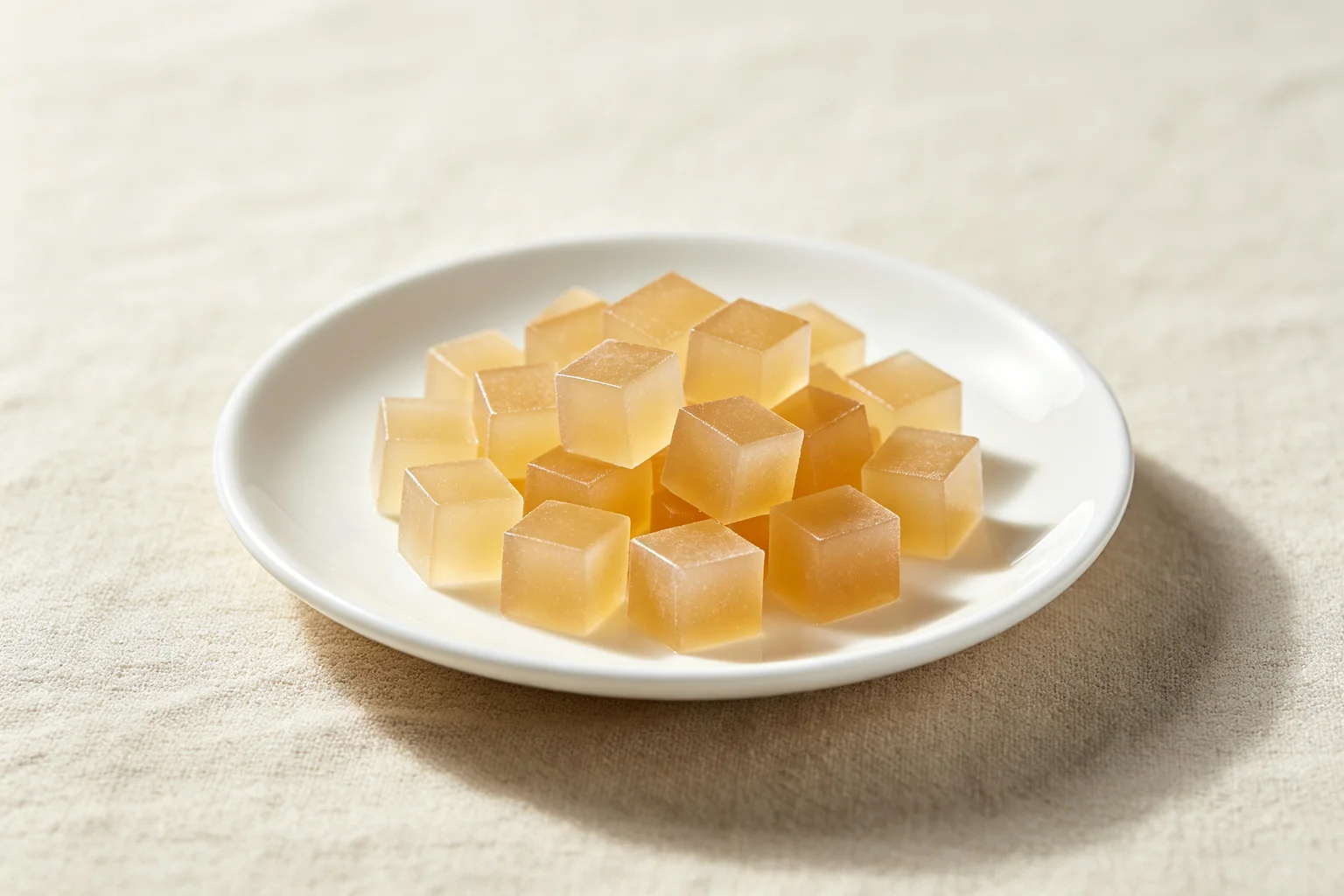 Small pale golden aspic cubes cut into 5mm pieces on a white  ceramic plate on linen, firm and translucent