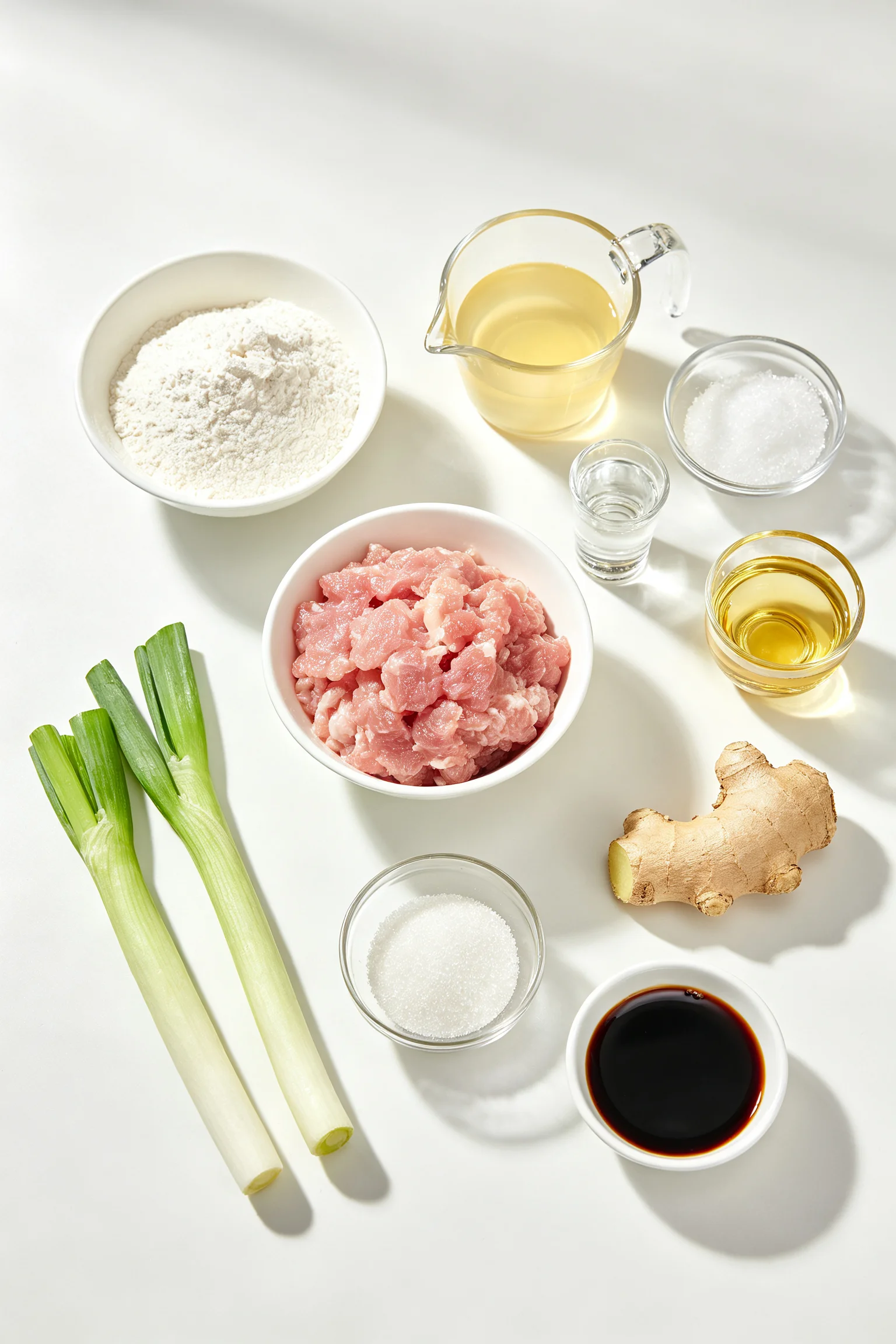  Xiaolongbao ingredients flat lay showing flour, ground pork,  chicken stock, gelatin, soy sauce, Shaoxing wine, sesame oil, ginger,  spring onions and black vinegar on white surface