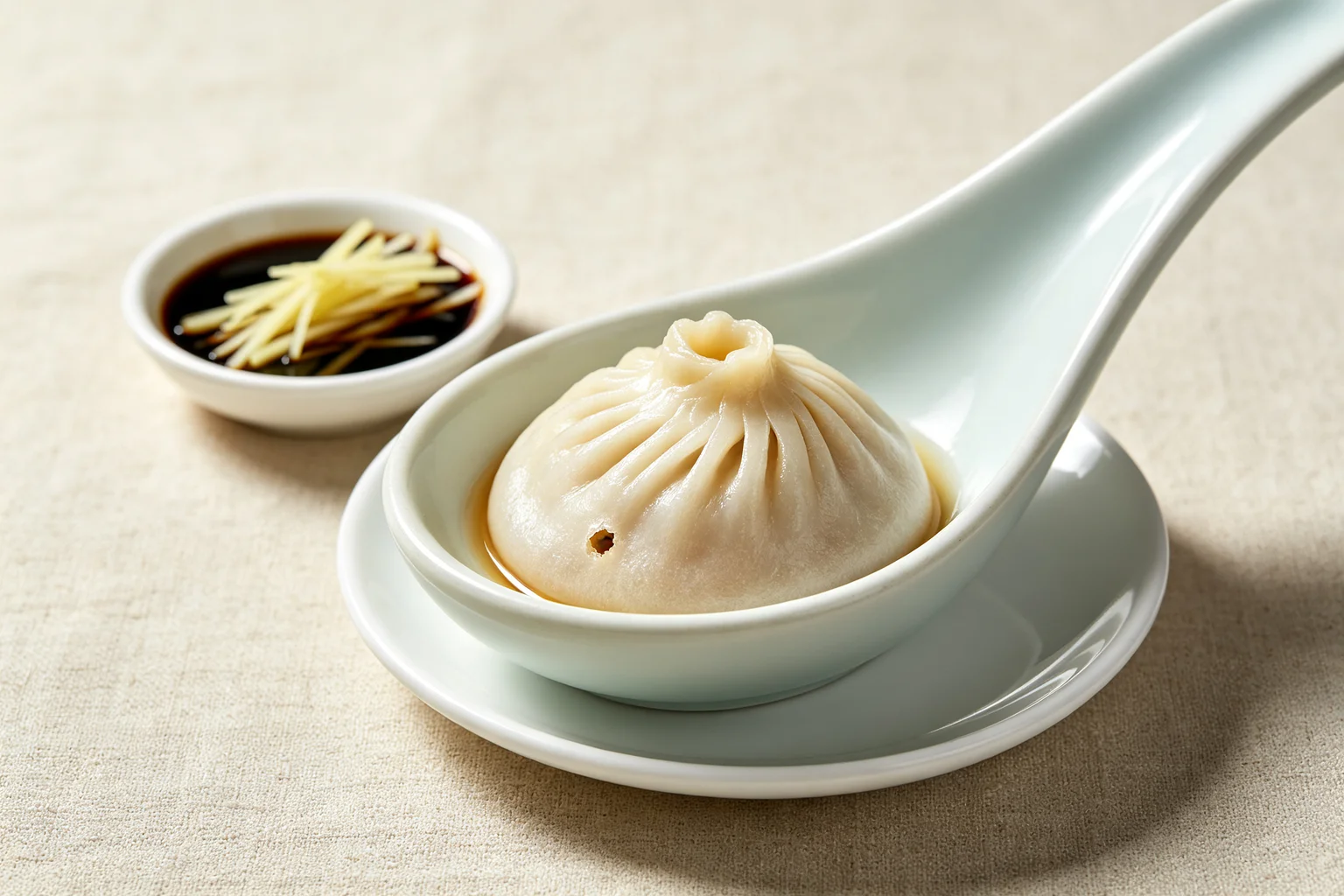 Single xiaolongbao with small hole nibbled in wrapper resting  in a ceramic soup spoon beside Chinkiang black vinegar dipping sauce  on linen