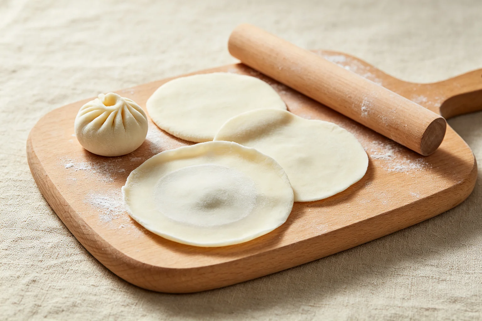 Three xiaolongbao wrapper rounds at different stages of  rolling showing thicker centre and thin translucent edges on a  wooden board on linen