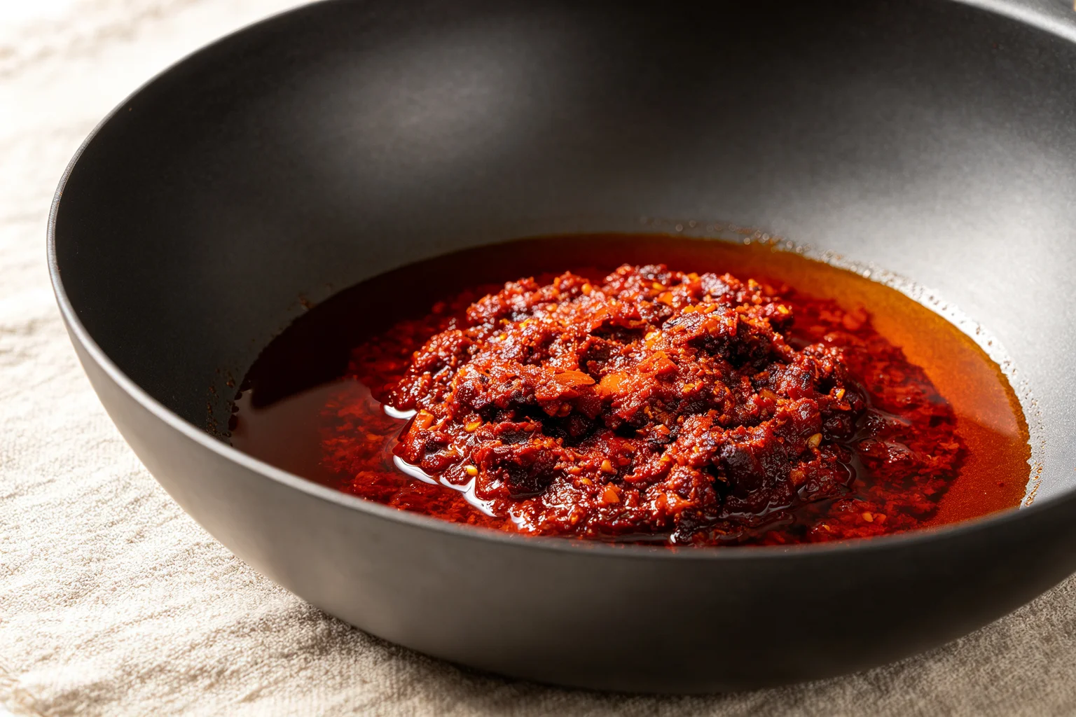 Pixian doubanjiang paste frying in wok with surrounding oil turned vivid red-orange at the red oil stage on linen