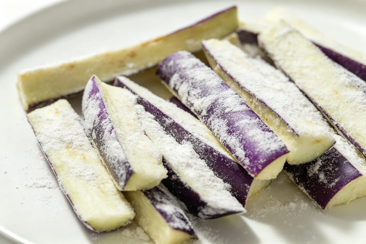 Chinese eggplant batons with light cornstarch dusting showing thin guo fen coating on white surface