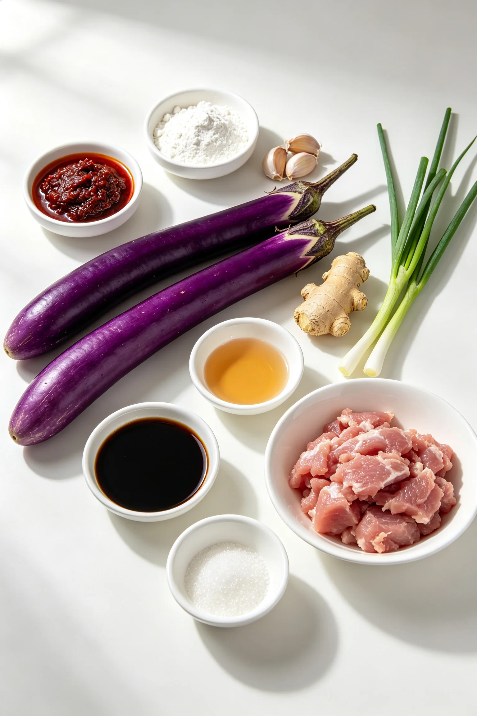 Flat lay of yu xiang qiezi ingredients including Chinese eggplant, doubanjiang, garlic, ginger, cornstarch and black vinegar on white surface