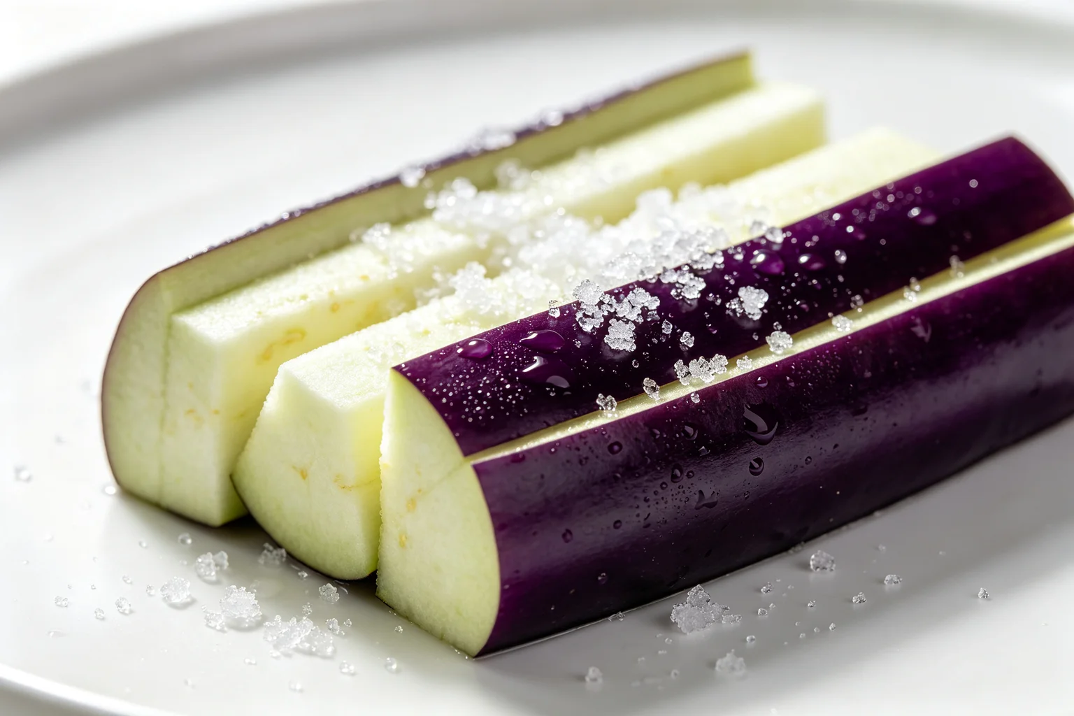 Raw Chinese eggplant batons with salt crystals visible on cut surfaces during sha shui salting process on white surface