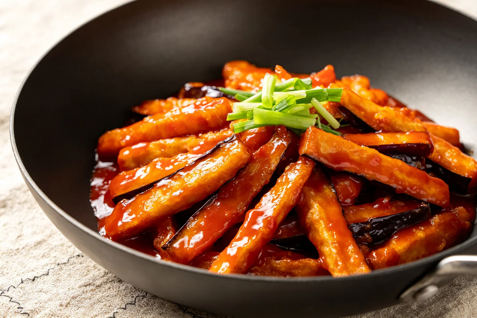 Fried eggplant batons tossed in glossy red-orange yu xiang sauce with spring onion greens in wok on linen