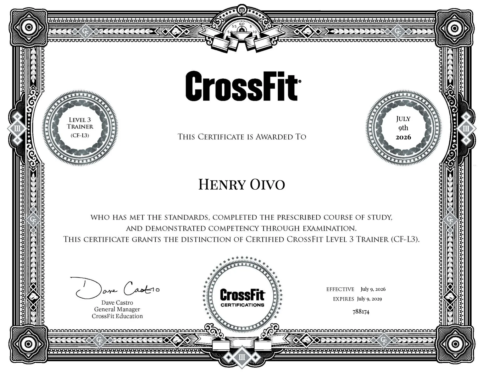 Henry Oivo CrossFit Level 3 Sertifikaatti